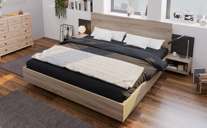 Doppelbett Holzbett Bettanlage 140 x 200 cm mit 2 Nachtkommoden Modernes Bett inkl. 2 Nachttischen Schlafzimmer Komplett-205.5x215x76.5 cm(T/B/H) Set in Eiche Sonoma/Dunkelgrau