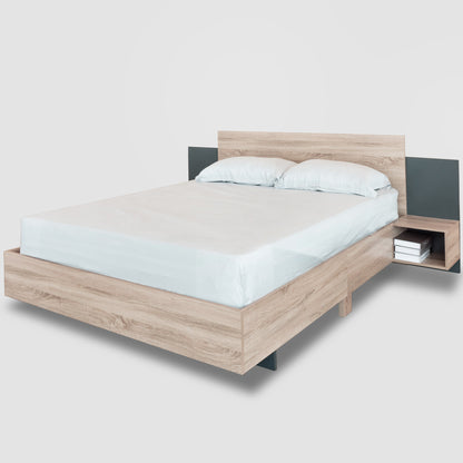 Doppelbett Holzbett Bettanlage 140 x 200 cm mit 2 Nachtkommoden Modernes Bett inkl. 2 Nachttischen Schlafzimmer Komplett-205.5x215x76.5 cm(T/B/H) Set in Eiche Sonoma/Dunkelgrau