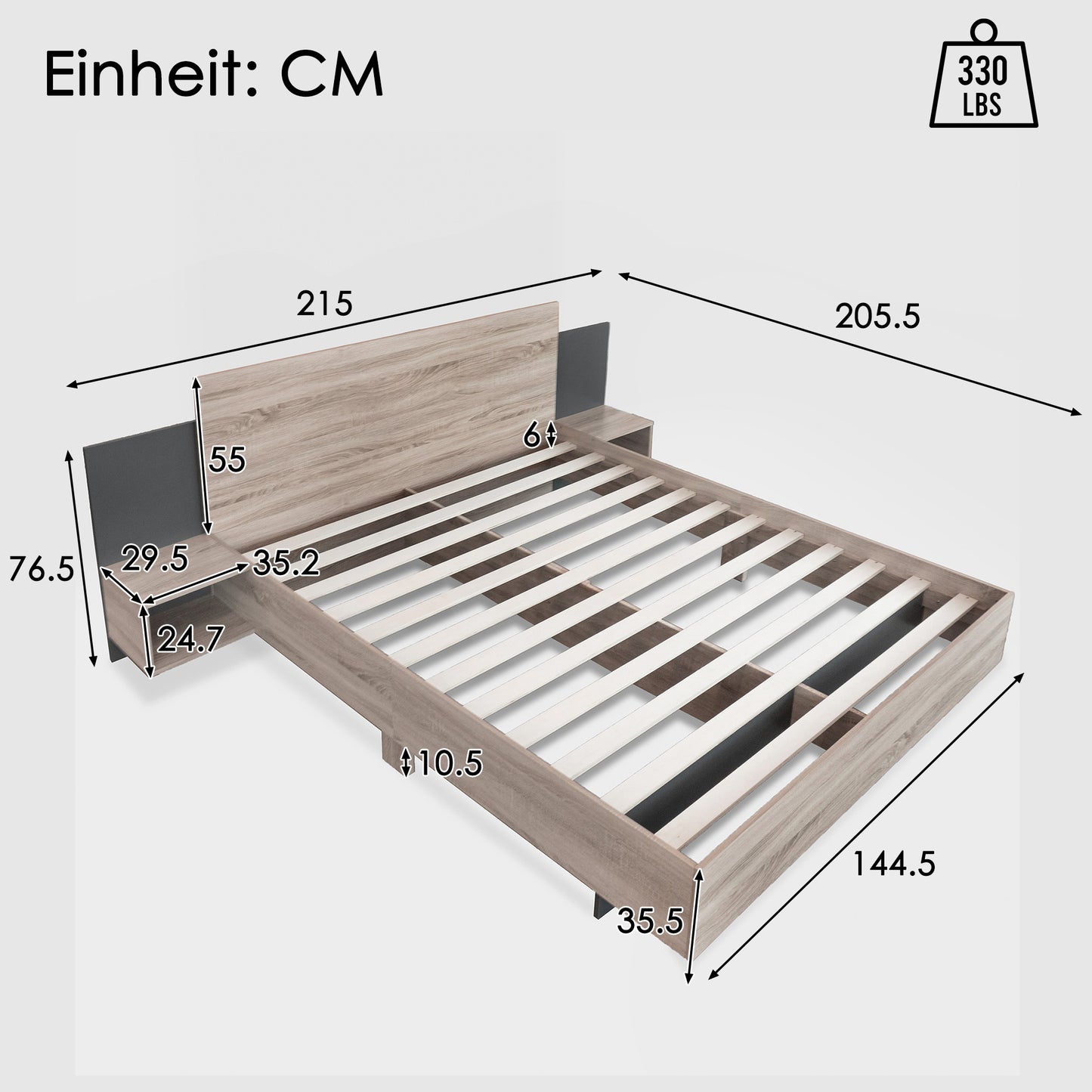 Doppelbett Holzbett Bettanlage 140 x 200 cm mit 2 Nachtkommoden Modernes Bett inkl. 2 Nachttischen Schlafzimmer Komplett-205.5x215x76.5 cm(T/B/H) Set in Eiche Sonoma/Dunkelgrau