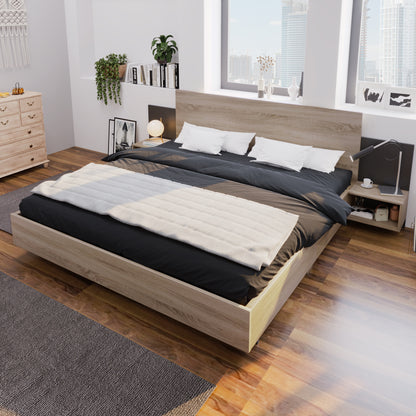 Doppelbett Holzbett Bettanlage 160 x 200 cm mit 2 Nachtkommoden Modernes Bett inkl. 2 Nachttischen Schlafzimmer Komplett-205.5x235x76.5 cm(T/B/H) Set in Eiche Sonoma/Dunkelgrau