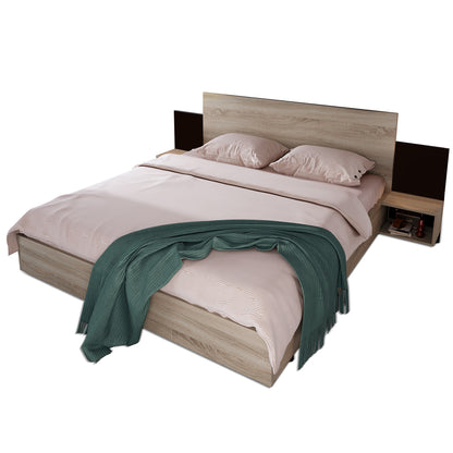 Doppelbett Holzbett Bettanlage 140 x 200 cm mit 2 Nachtkommoden Modernes Bett inkl. 2 Nachttischen Schlafzimmer Komplett-205.5x215x76.5 cm(T/B/H) Set in Eiche Sonoma/Dunkelgrau