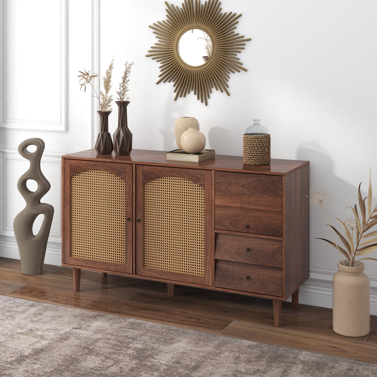 Sideboard Mit Rattan Einsatz, Breite 130 cm, mit drei Türen und zwei unregelmäßigen Schubladen 130*75.5*40 cm