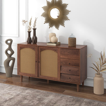 Sideboard Mit Rattan Einsatz, Breite 130 cm, mit drei Türen und zwei unregelmäßigen Schubladen 130*75.5*40 cm