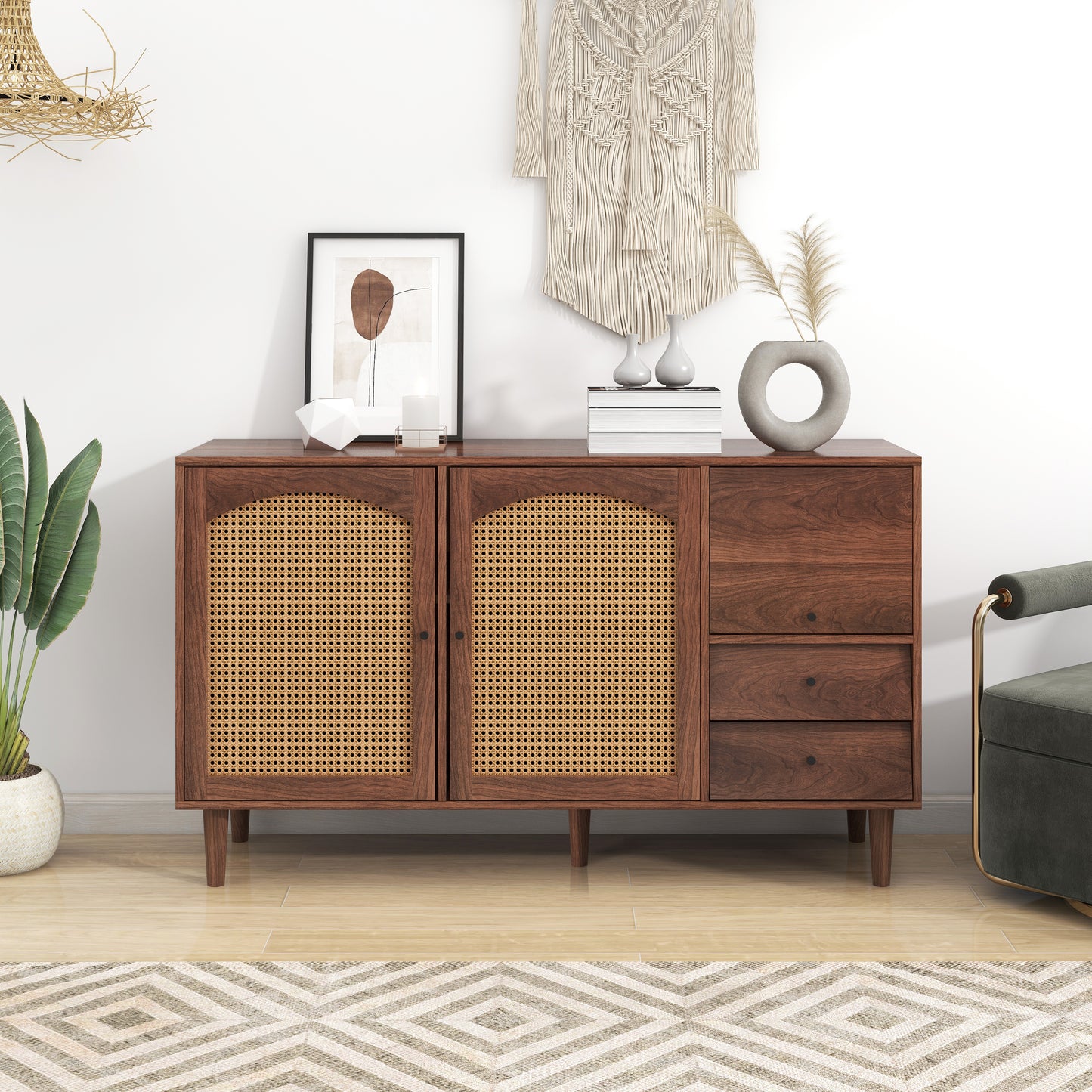 Sideboard Mit Rattan Einsatz, Breite 130 cm, mit drei Türen und zwei unregelmäßigen Schubladen 130*75.5*40 cm