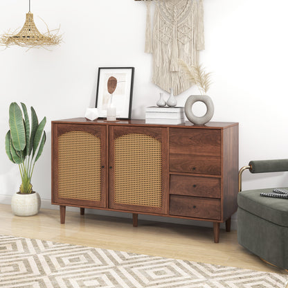 Sideboard Mit Rattan Einsatz, Breite 130 cm, mit drei Türen und zwei unregelmäßigen Schubladen 130*75.5*40 cm