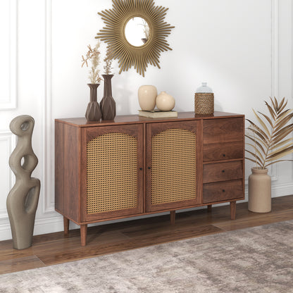 Sideboard Mit Rattan Einsatz, Breite 130 cm, mit drei Türen und zwei unregelmäßigen Schubladen 130*75.5*40 cm