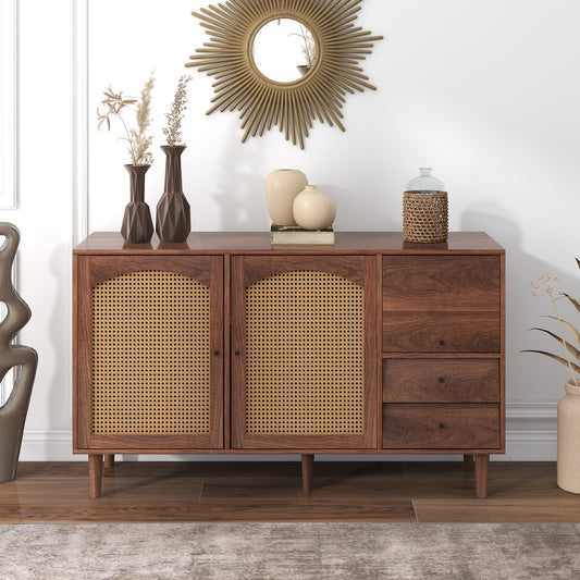 Sideboard Mit Rattan Einsatz, Breite 130 cm, mit drei Türen und zwei unregelmäßigen Schubladen 130*75.5*40 cm