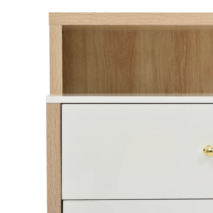 Moderner Sideboard, Beistellschrank. mit geräumigem Stauraum, Glasböden, Tür und Schubladen – 140 cm Länge – goldene Griffe – stilvolles und funktionales Möbelstück