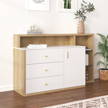 Moderner Sideboard, Beistellschrank. mit geräumigem Stauraum, Glasböden, Tür und Schubladen – 140 cm Länge – goldene Griffe – stilvolles und funktionales Möbelstück