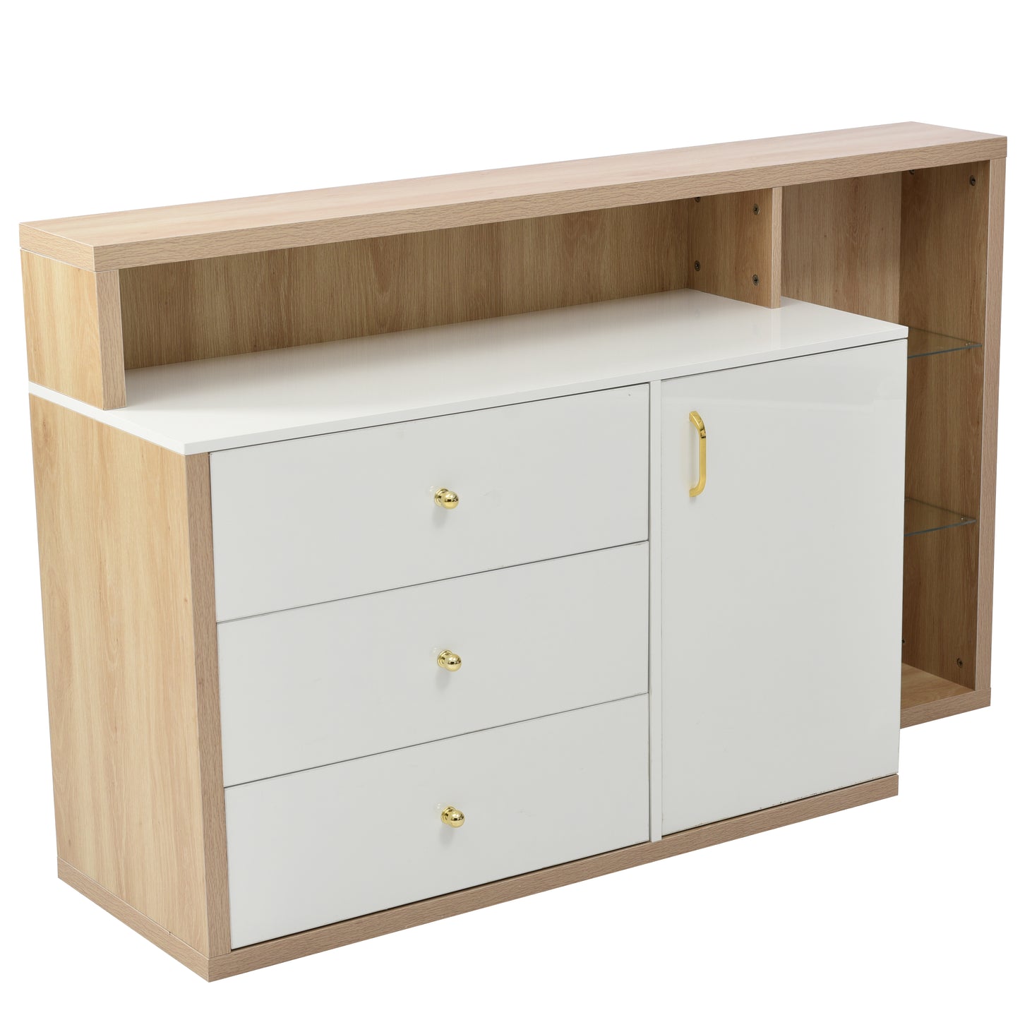 Moderner Sideboard, Beistellschrank. mit geräumigem Stauraum, Glasböden, Tür und Schubladen – 140 cm Länge – goldene Griffe – stilvolles und funktionales Möbelstück