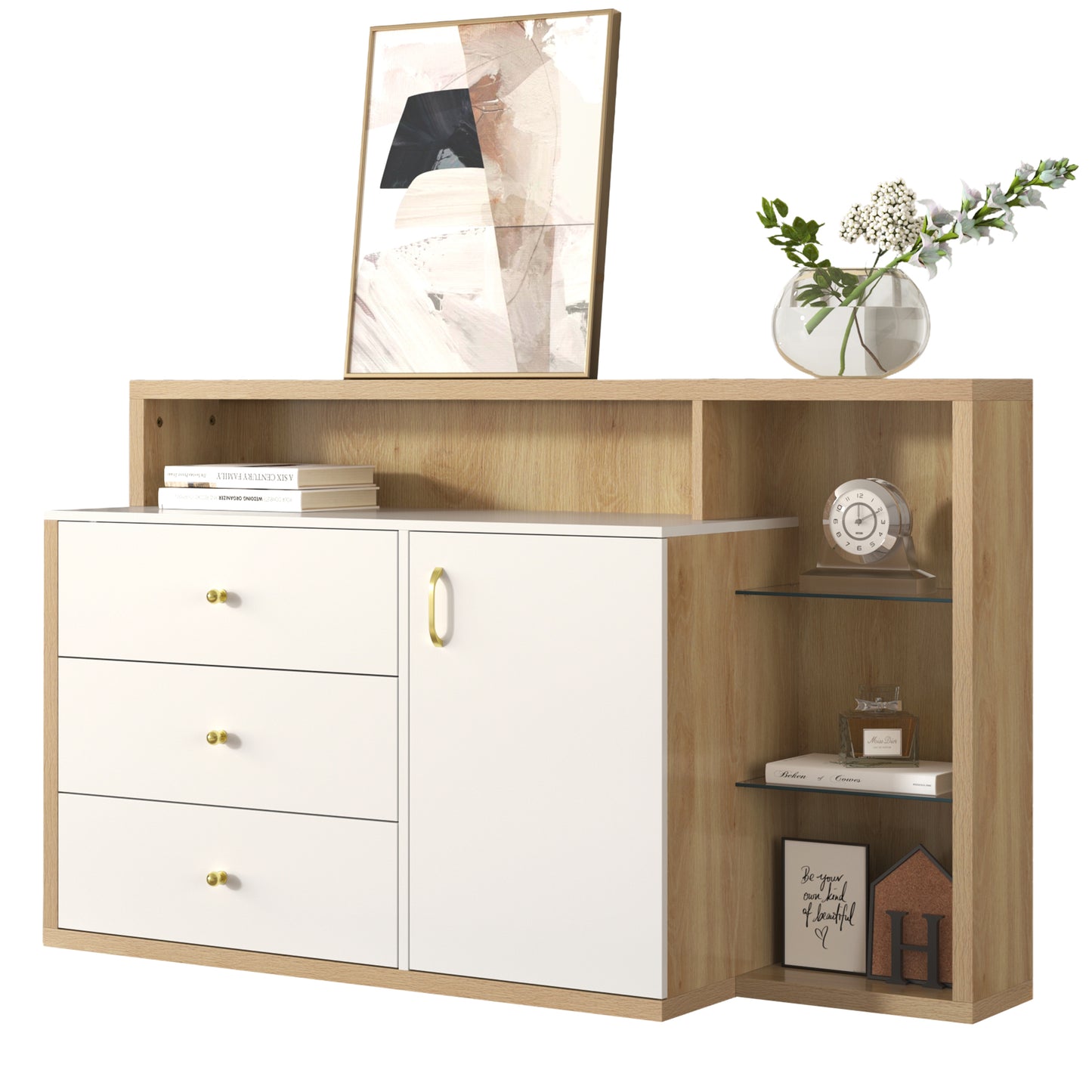 Moderner Sideboard, Beistellschrank. mit geräumigem Stauraum, Glasböden, Tür und Schubladen – 140 cm Länge – goldene Griffe – stilvolles und funktionales Möbelstück