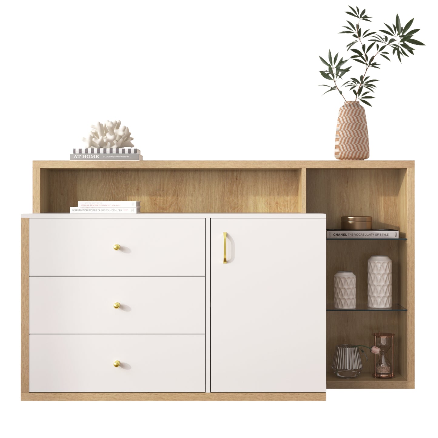 Moderner Sideboard, Beistellschrank. mit geräumigem Stauraum, Glasböden, Tür und Schubladen – 140 cm Länge – goldene Griffe – stilvolles und funktionales Möbelstück