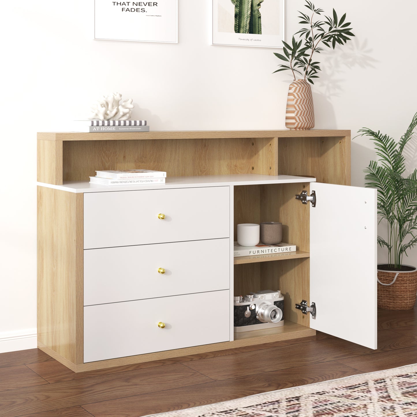 Moderner Sideboard, Beistellschrank. mit geräumigem Stauraum, Glasböden, Tür und Schubladen – 140 cm Länge – goldene Griffe – stilvolles und funktionales Möbelstück