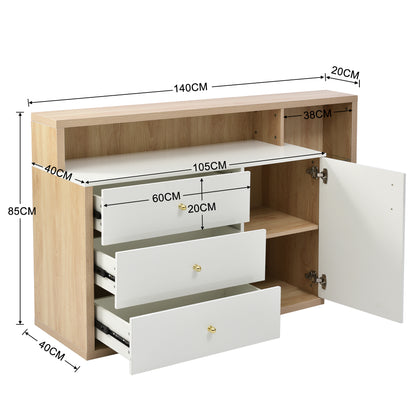 Moderner Sideboard, Beistellschrank. mit geräumigem Stauraum, Glasböden, Tür und Schubladen – 140 cm Länge – goldene Griffe – stilvolles und funktionales Möbelstück