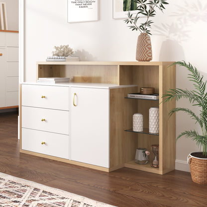 Moderner Sideboard, Beistellschrank. mit geräumigem Stauraum, Glasböden, Tür und Schubladen – 140 cm Länge – goldene Griffe – stilvolles und funktionales Möbelstück