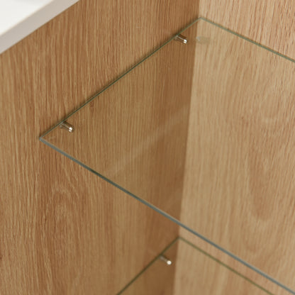 Moderner Sideboard, Beistellschrank. mit geräumigem Stauraum, Glasböden, Tür und Schubladen – 140 cm Länge – goldene Griffe – stilvolles und funktionales Möbelstück