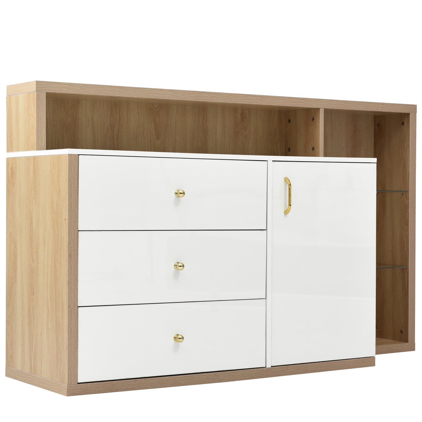 Moderner Sideboard, Beistellschrank. mit geräumigem Stauraum, Glasböden, Tür und Schubladen – 140 cm Länge – goldene Griffe – stilvolles und funktionales Möbelstück