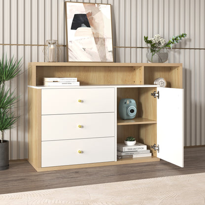 Moderner Sideboard, Beistellschrank. mit geräumigem Stauraum, Glasböden, Tür und Schubladen – 140 cm Länge – goldene Griffe – stilvolles und funktionales Möbelstück