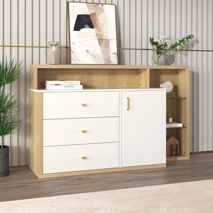 Moderner Sideboard, Beistellschrank. mit geräumigem Stauraum, Glasböden, Tür und Schubladen – 140 cm Länge – goldene Griffe – stilvolles und funktionales Möbelstück