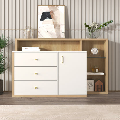 Moderner Sideboard, Beistellschrank. mit geräumigem Stauraum, Glasböden, Tür und Schubladen – 140 cm Länge – goldene Griffe – stilvolles und funktionales Möbelstück