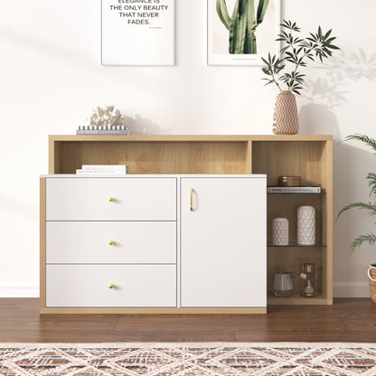 Moderner Sideboard, Beistellschrank. mit geräumigem Stauraum, Glasböden, Tür und Schubladen – 140 cm Länge – goldene Griffe – stilvolles und funktionales Möbelstück