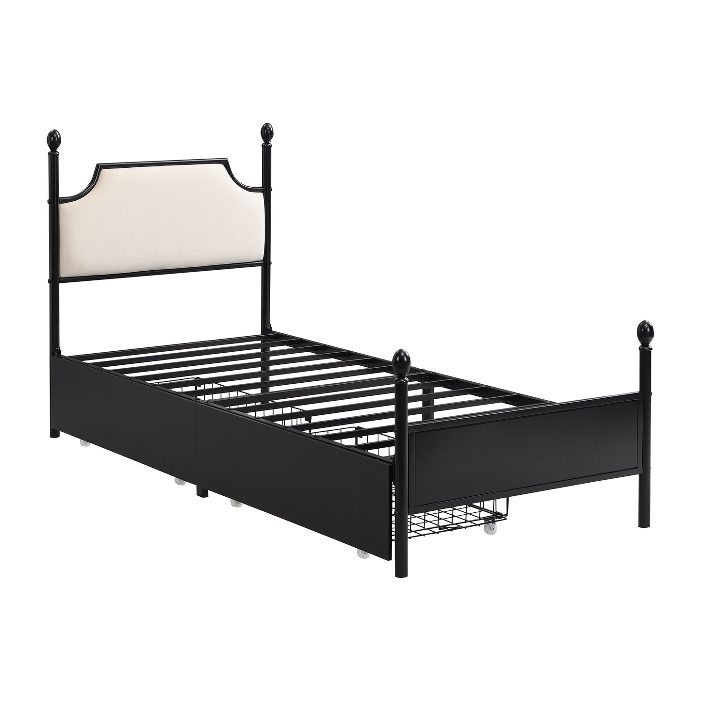 Modern Metallbett, Bettgestelle mit Lattenrost, Einzelbett, Bettrahmen mit Kopfteil, Gästebett, Jugendbett für Schlafzimmer, Gästezimmer, mit zwei Schubladen, 90x200 cm, Schwarz