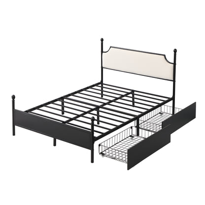 Modern Metallbett, Bettgestelle mit Lattenrost, Einzelbett, Bettrahmen mit Kopfteil, Gästebett, Jugendbett für Schlafzimmer, Gästezimmer, mit zwei Schubladen, 90x200 cm, Schwarz