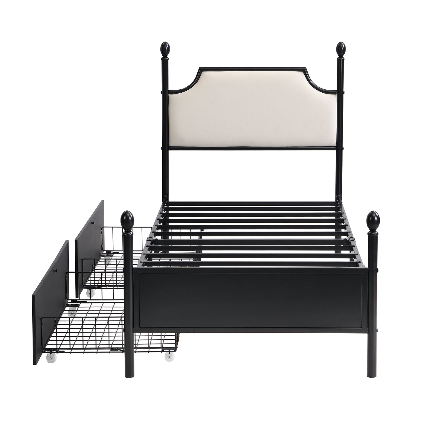 Modern Metallbett, Bettgestelle mit Lattenrost, Einzelbett, Bettrahmen mit Kopfteil, Gästebett, Jugendbett für Schlafzimmer, Gästezimmer, mit zwei Schubladen, 90x200 cm, Schwarz