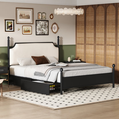 Modern Metallbett, Bettgestelle mit Lattenrost, Einzelbett, Bettrahmen mit Kopfteil, Gästebett, Jugendbett für Schlafzimmer, Gästezimmer, mit zwei Schubladen, 90x200 cm, Schwarz