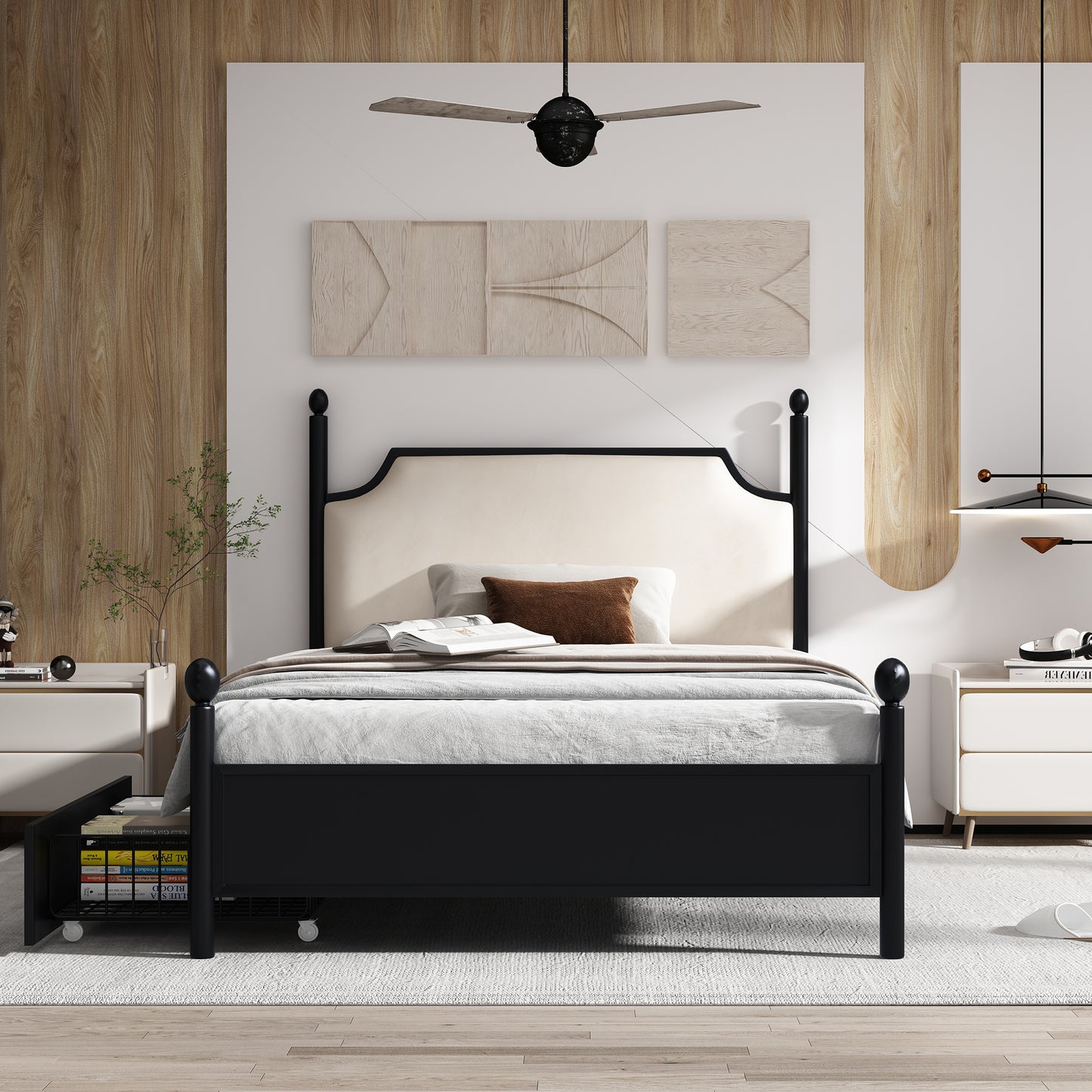 Modern Metallbett, Bettgestelle mit Lattenrost, Einzelbett, Bettrahmen mit Kopfteil, Gästebett, Jugendbett für Schlafzimmer, Gästezimmer, mit zwei Schubladen, 90x200 cm, Schwarz