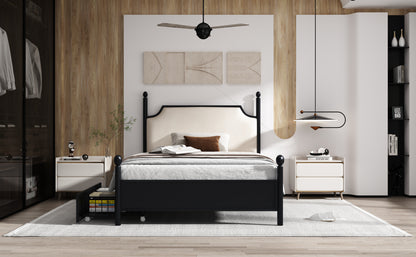 Modern Metallbett, Bettgestelle mit Lattenrost, Einzelbett, Bettrahmen mit Kopfteil, Gästebett, Jugendbett für Schlafzimmer, Gästezimmer, mit zwei Schubladen, 90x200 cm, Schwarz