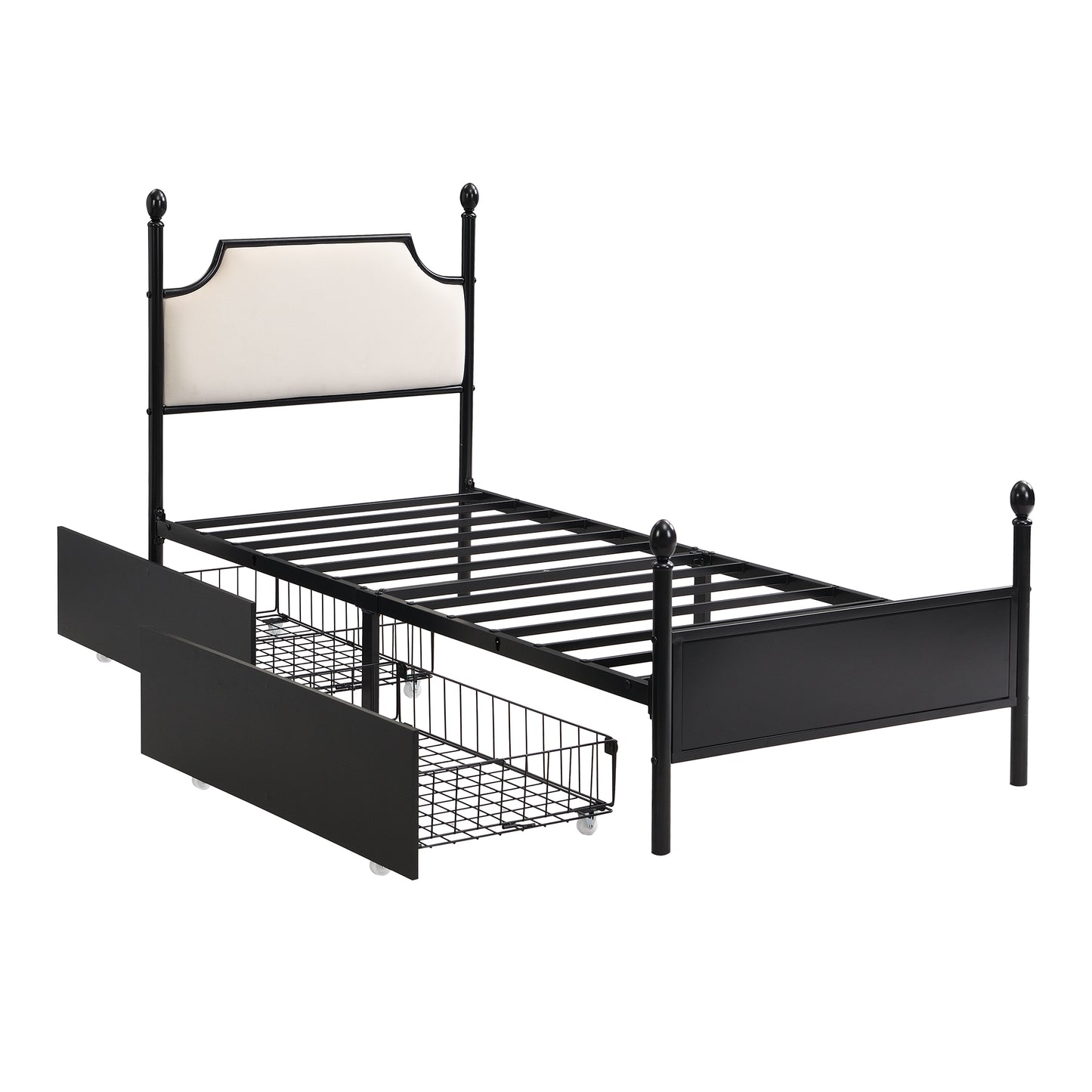 Modern Metallbett, Bettgestelle mit Lattenrost, Einzelbett, Bettrahmen mit Kopfteil, Gästebett, Jugendbett für Schlafzimmer, Gästezimmer, mit zwei Schubladen, 90x200 cm, Schwarz