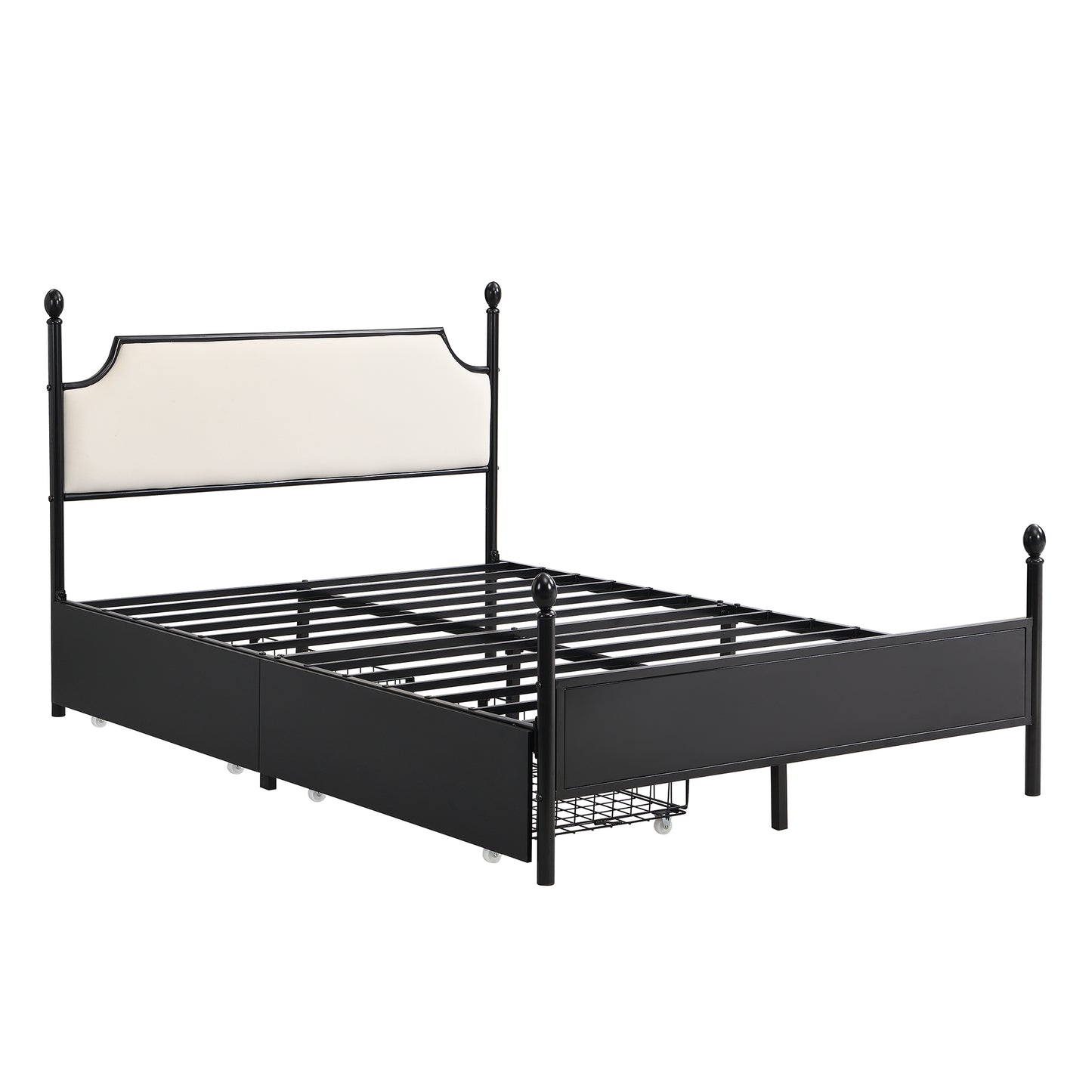 Modern Metallbett, Bettgestelle mit Lattenrost, Einzelbett, Bettrahmen mit Kopfteil, Gästebett, Jugendbett für Schlafzimmer, Gästezimmer, mit zwei Schubladen, 90x200 cm, Schwarz