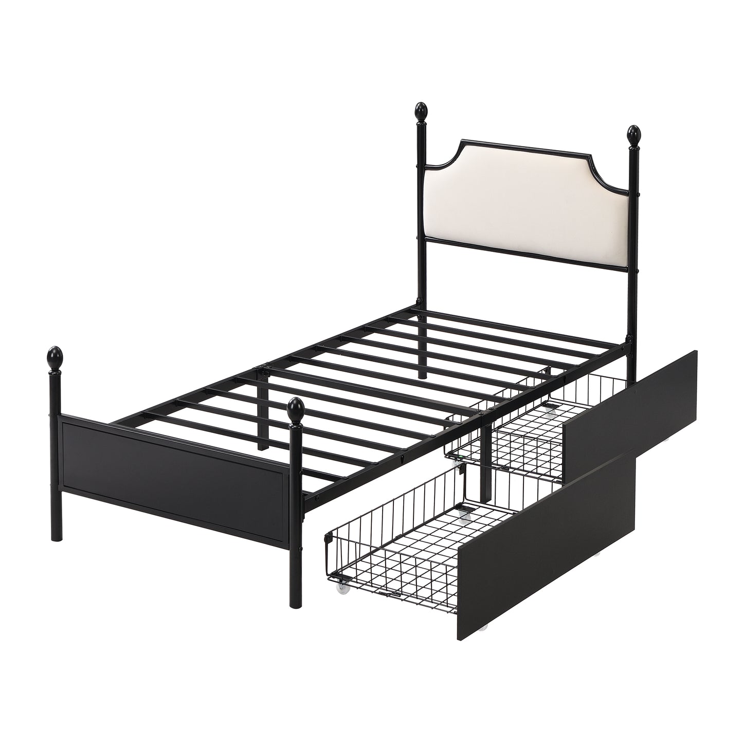 Modern Metallbett, Bettgestelle mit Lattenrost, Einzelbett, Bettrahmen mit Kopfteil, Gästebett, Jugendbett für Schlafzimmer, Gästezimmer, mit zwei Schubladen, 90x200 cm, Schwarz