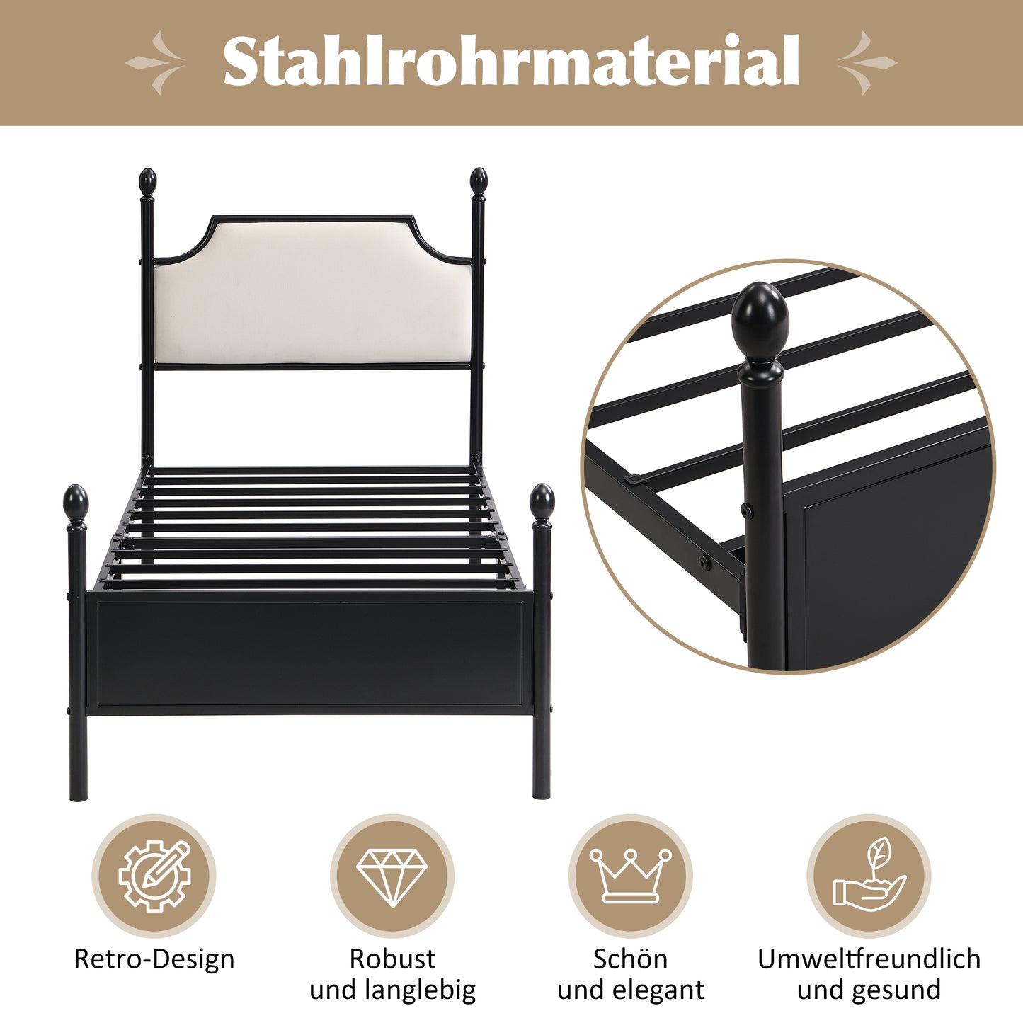 Modern Metallbett, Bettgestelle mit Lattenrost, Einzelbett, Bettrahmen mit Kopfteil, Gästebett, Jugendbett für Schlafzimmer, Gästezimmer, mit zwei Schubladen, 90x200 cm, Schwarz