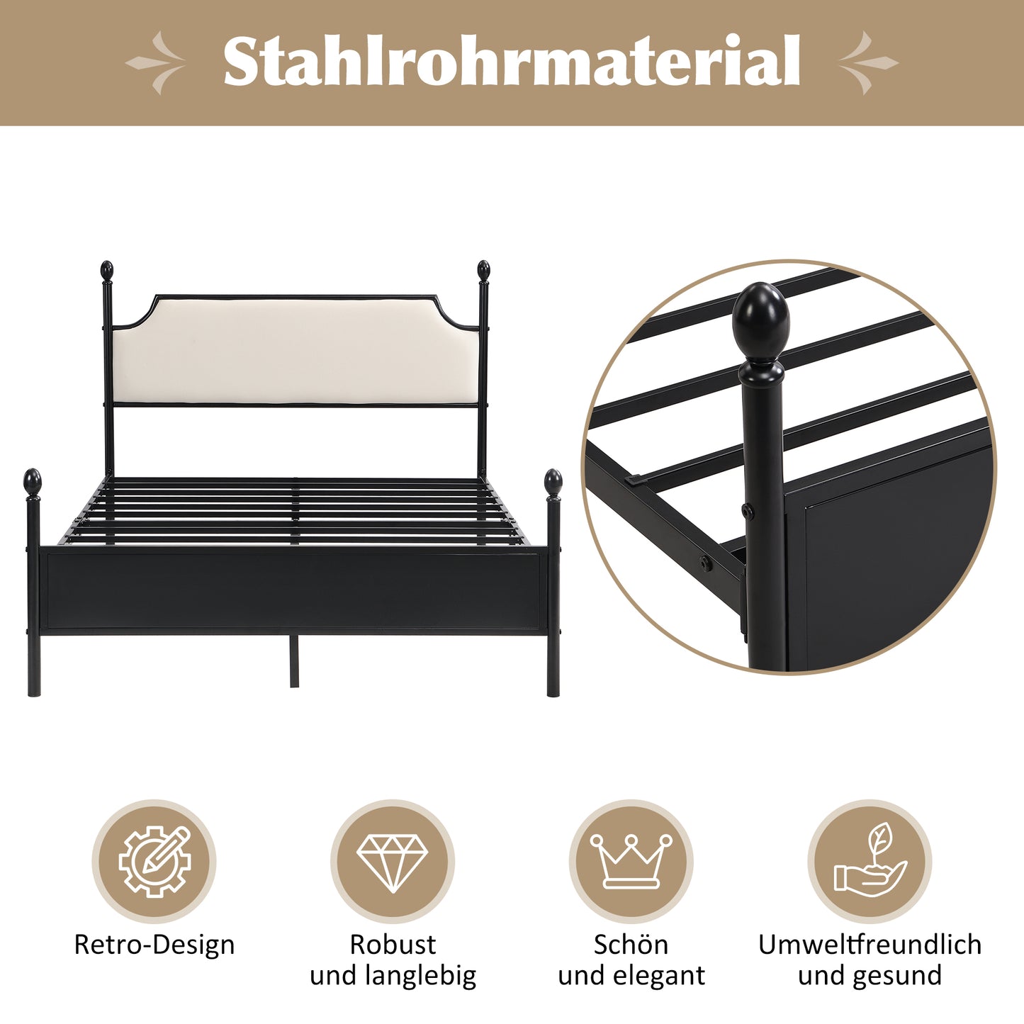 Modern Metallbett, Bettgestelle mit Lattenrost, Einzelbett, Bettrahmen mit Kopfteil, Gästebett, Jugendbett für Schlafzimmer, Gästezimmer, mit zwei Schubladen, 90x200 cm, Schwarz