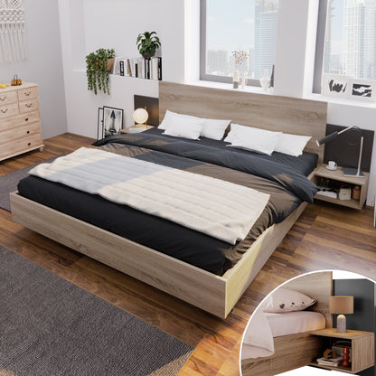 Doppelbett Holzbett Bettanlage 160 x 200 cm mit 2 Nachtkommoden Modernes Bett inkl. 2 Nachttischen Schlafzimmer Komplett-205.5x235x76.5 cm(T/B/H) Set in Eiche Sonoma/Dunkelgrau