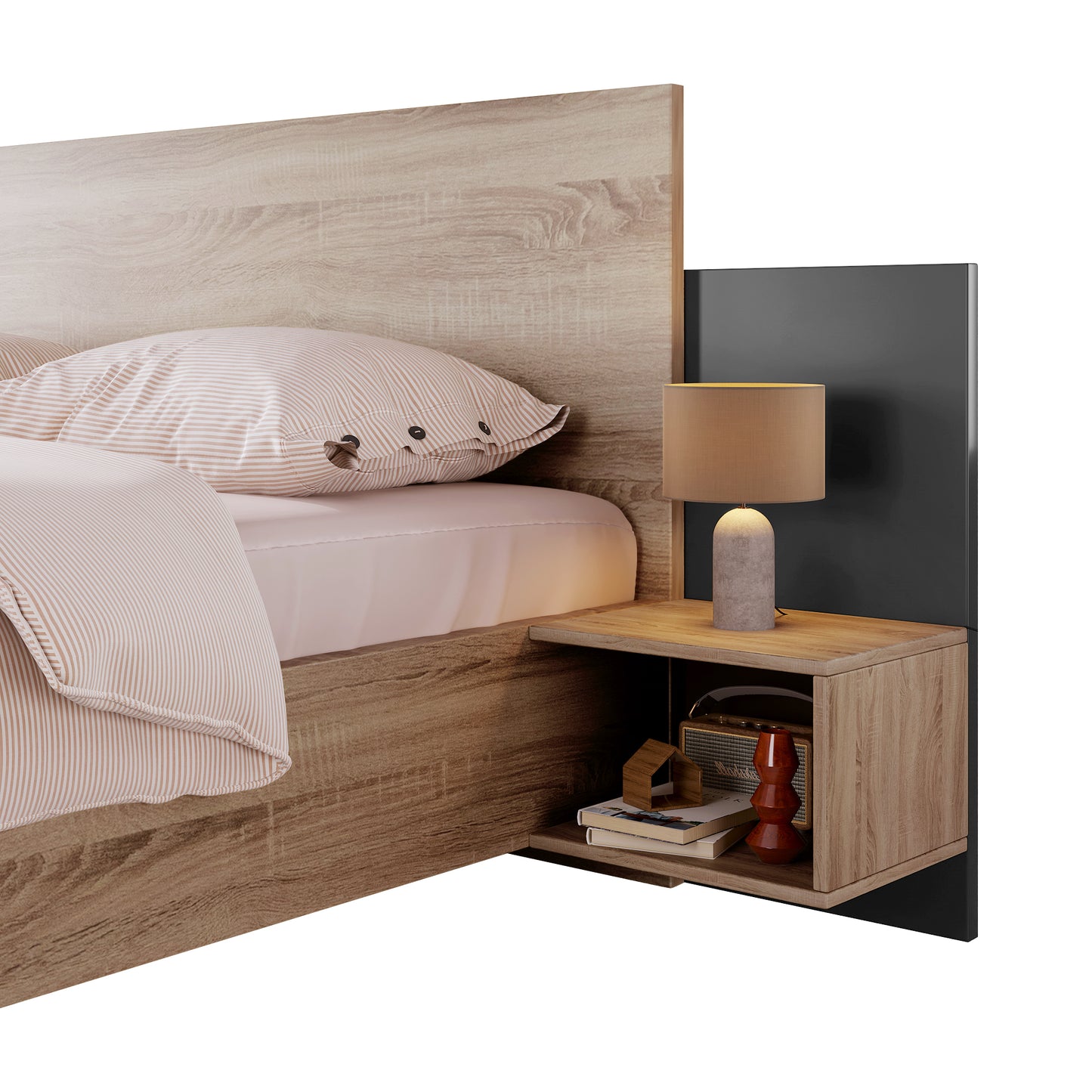 Doppelbett Holzbett Bettanlage 160 x 200 cm mit 2 Nachtkommoden Modernes Bett inkl. 2 Nachttischen Schlafzimmer Komplett-205.5x235x76.5 cm(T/B/H) Set in Eiche Sonoma/Dunkelgrau