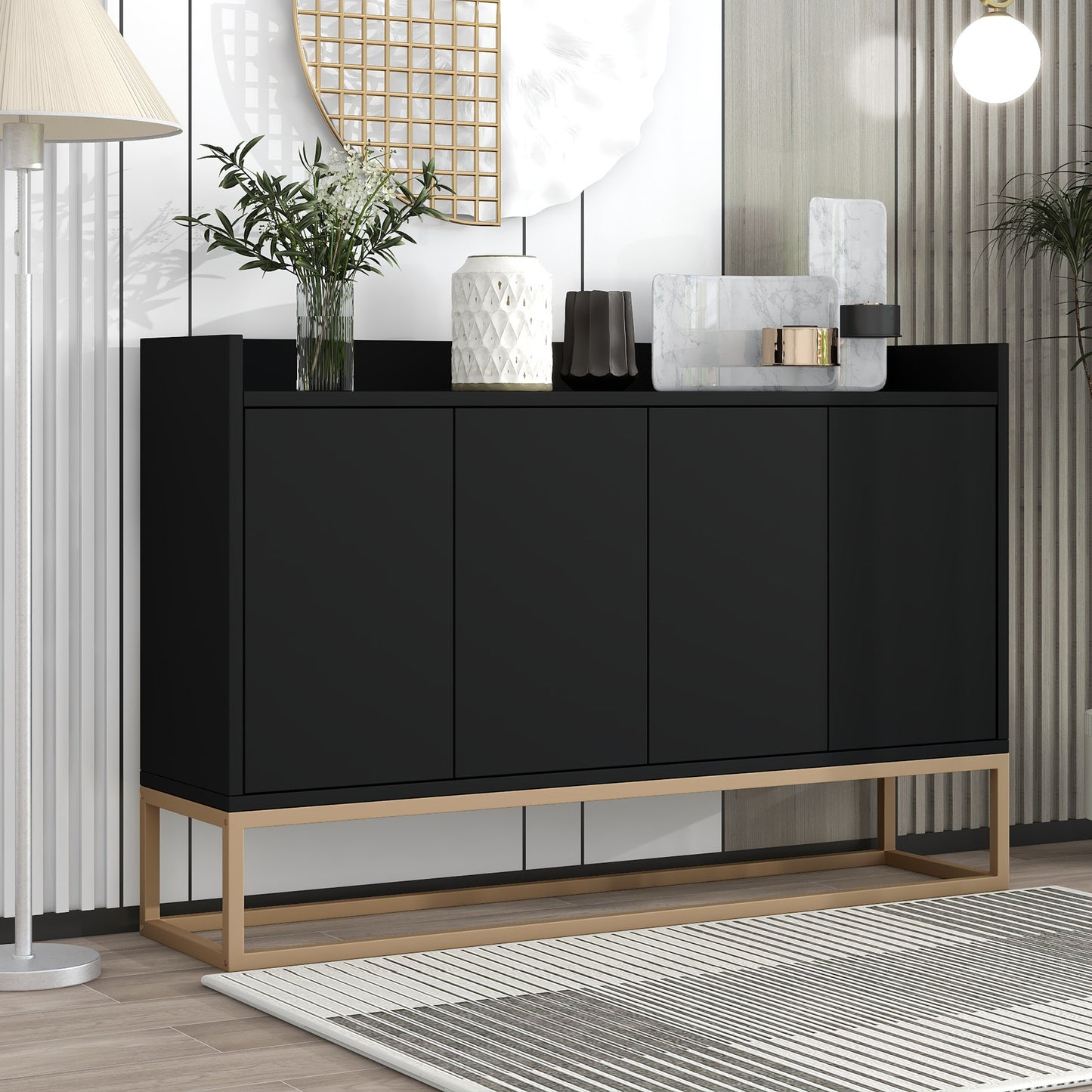 Modernes Sideboard im minimalistischen Stil 4-türiger griffloser Buffetschrank für Esszimmer, Wohnzimmer, Küche (Schwarz)