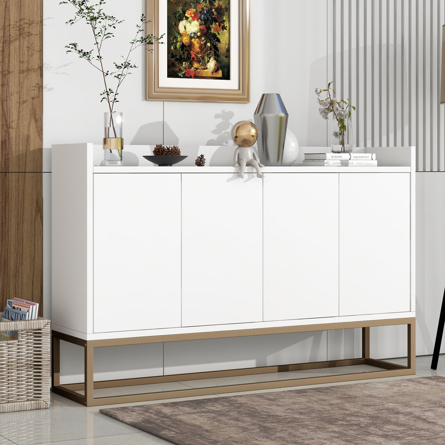 Modernes Sideboard im minimalistischen Stil 4-türiger griffloser Buffetschrank für Esszimmer, Wohnzimmer, Küche (Schwarz)