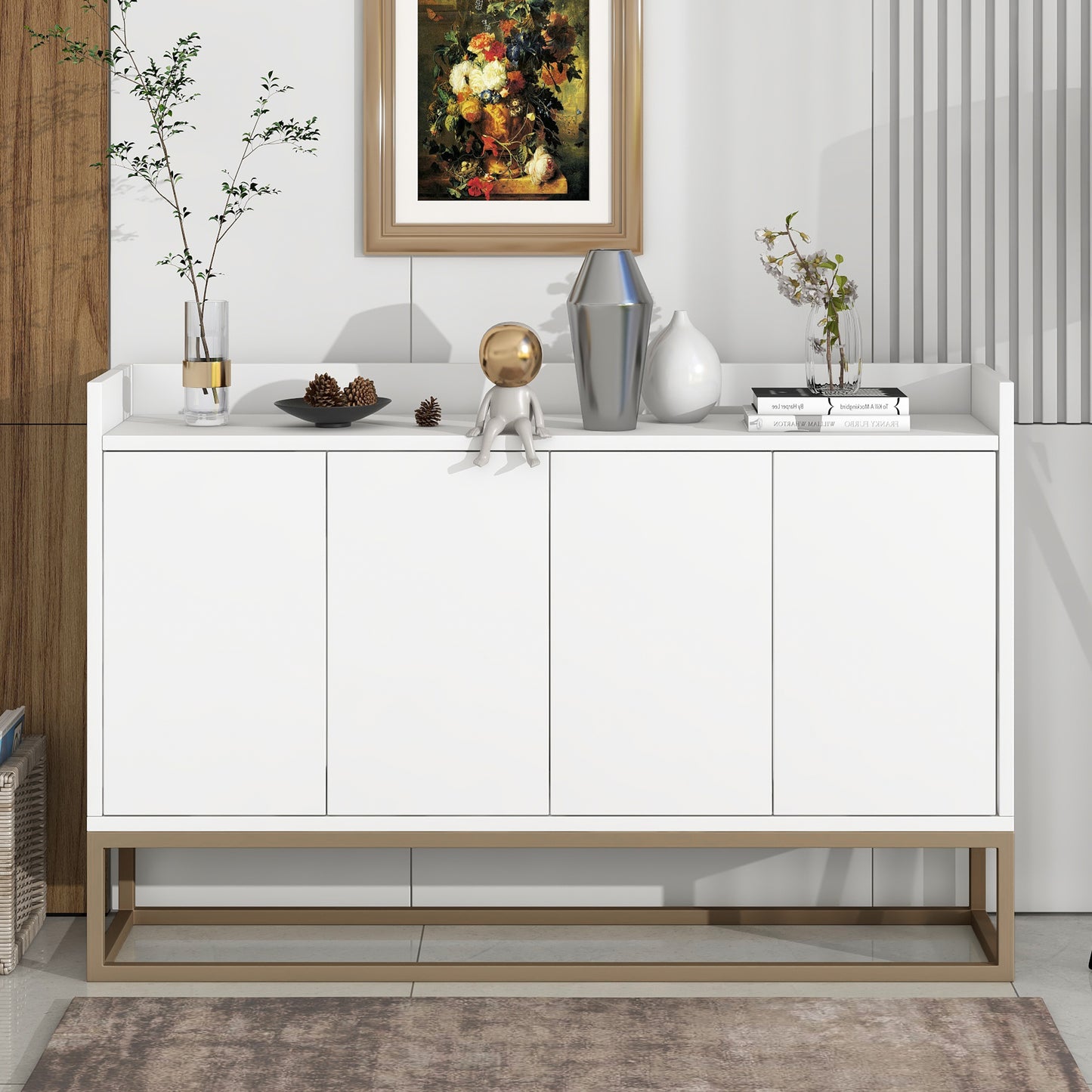 Modernes Sideboard im minimalistischen Stil 4-türiger griffloser Buffetschrank für Esszimmer, Wohnzimmer, Küche (Schwarz)