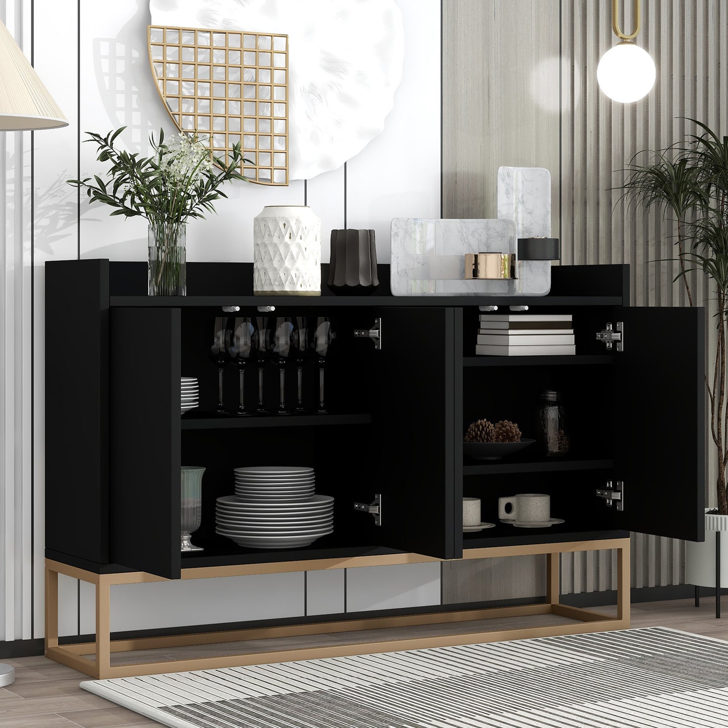 Modernes Sideboard im minimalistischen Stil 4-türiger griffloser Buffetschrank für Esszimmer, Wohnzimmer, Küche (Schwarz)