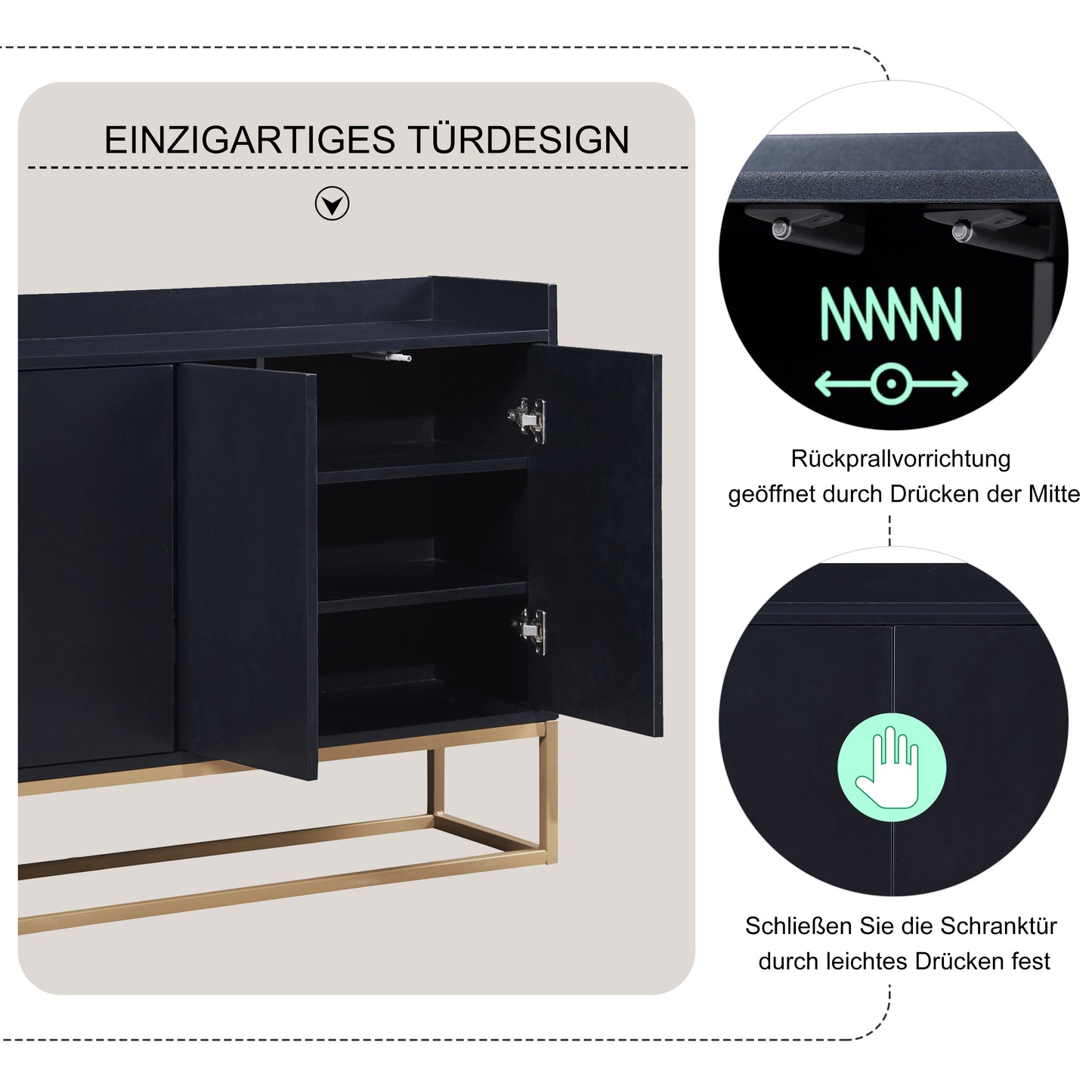 Modernes Sideboard im minimalistischen Stil 4-türiger griffloser Buffetschrank für Esszimmer, Wohnzimmer, Küche (Schwarz)