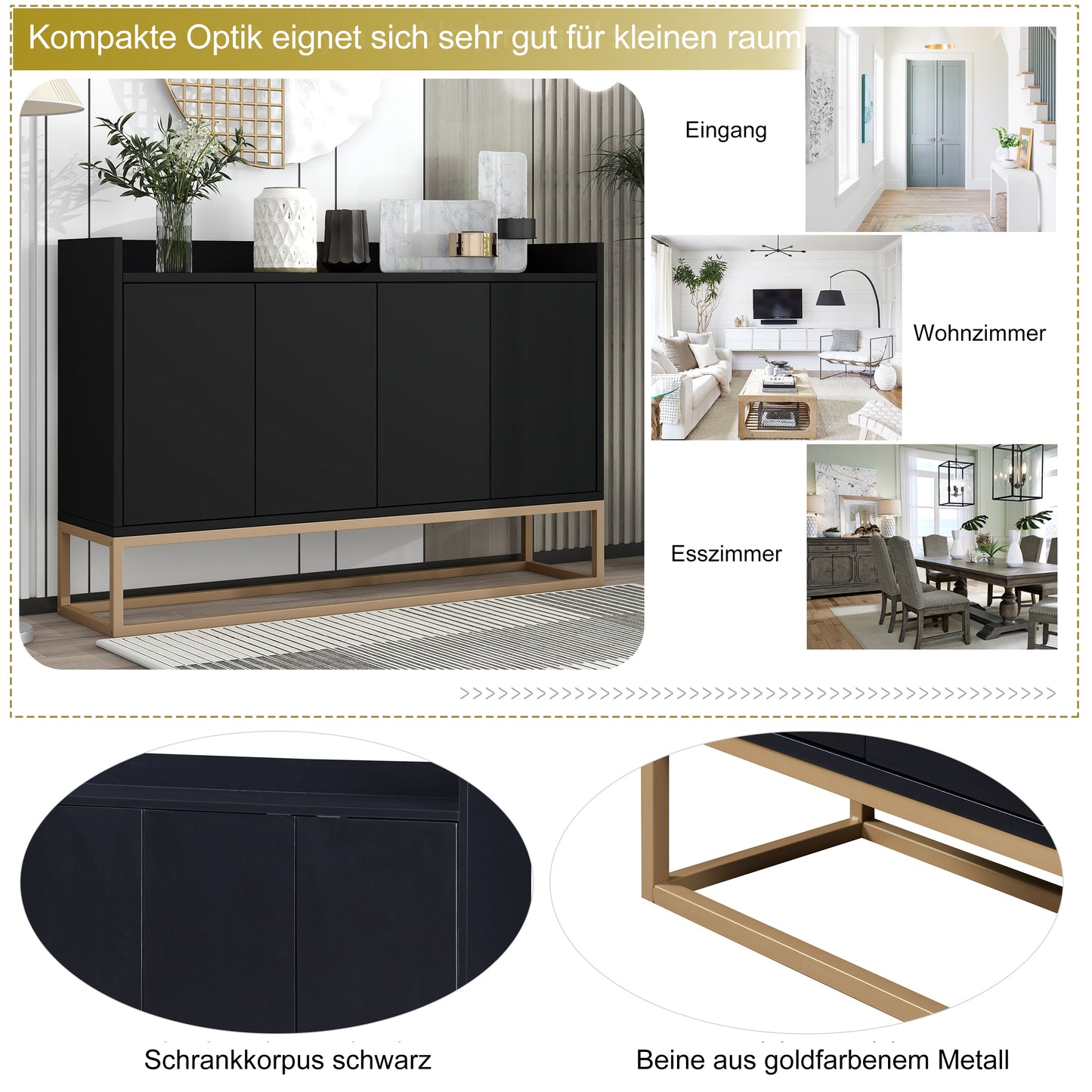 Modernes Sideboard im minimalistischen Stil 4-türiger griffloser Buffetschrank für Esszimmer, Wohnzimmer, Küche (Schwarz)