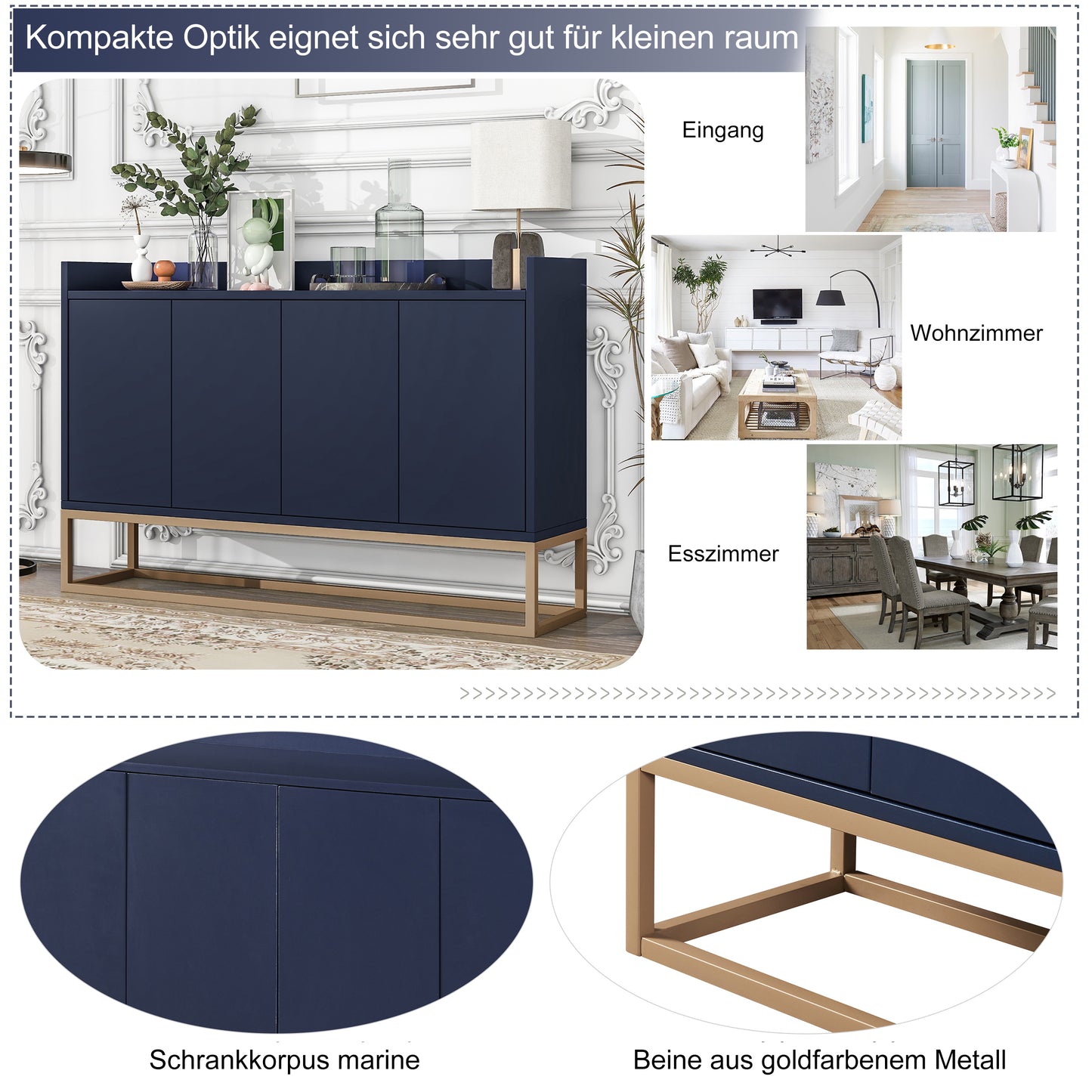 Modernes Sideboard im minimalistischen Stil 4-türiger griffloser Buffetschrank für Esszimmer, Wohnzimmer, Küche (Schwarz)