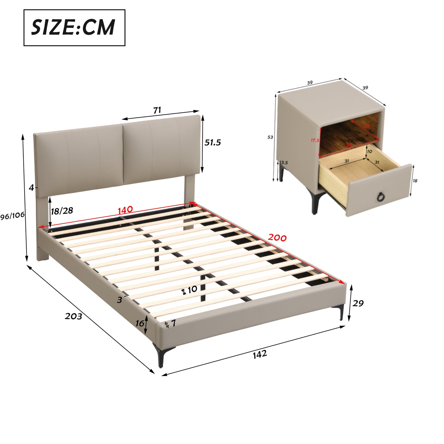 Schlafzimmer Set, Modernes Design Doppelbett + 1x Nachttisch, Polsterbett, Nachttisch mit einer Schublade, Komplettschlafzimmer, PU, Hellgrau (140x200cm)