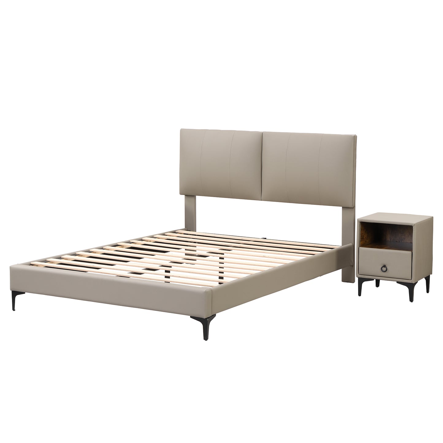 Schlafzimmer Set, Modernes Design Doppelbett + 1x Nachttisch, Polsterbett, Nachttisch mit einer Schublade, Komplettschlafzimmer, PU, Hellgrau (140x200cm)