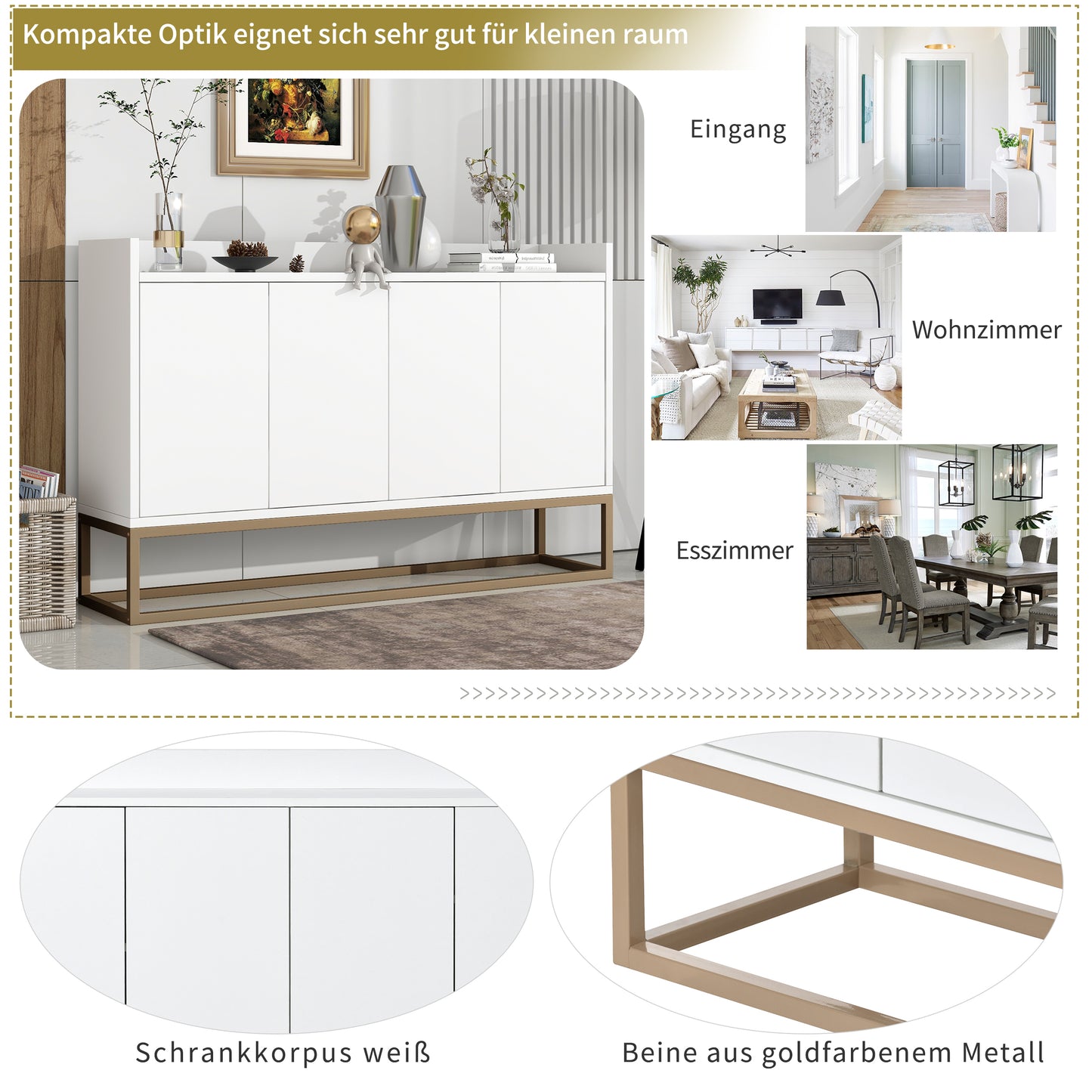 Modernes Sideboard im minimalistischen Stil 4-türiger griffloser Buffetschrank für Esszimmer, Wohnzimmer, Küche (Schwarz)