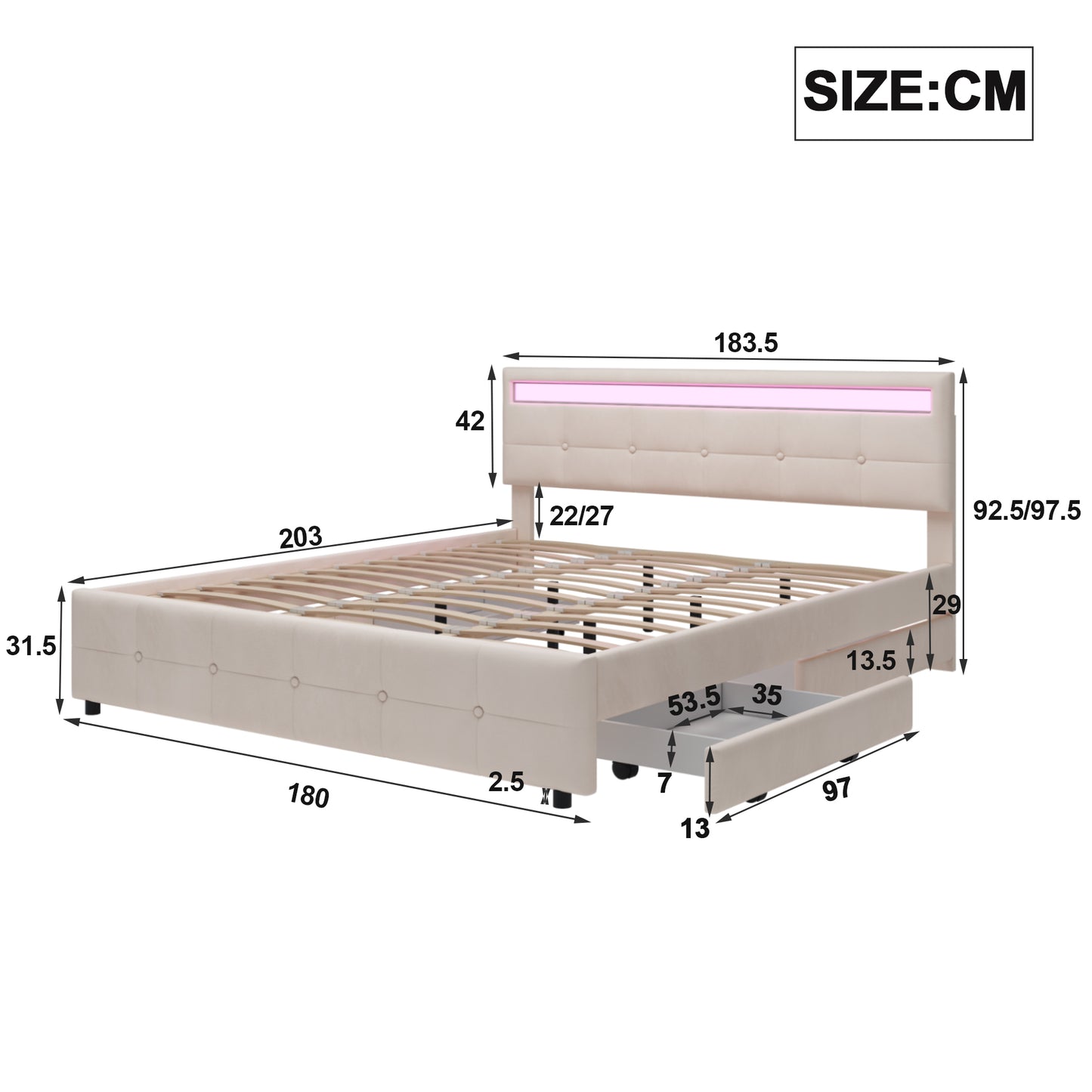 Polsterbett 180 x 200 cm, Doppelbett LED-Bettgestell mit 4 Schubladen , Lattenrost und Rückenlehne, Hautfreundliches Doppelbett aus Samtstoff für Erwachsene und Jugendliche, Beige