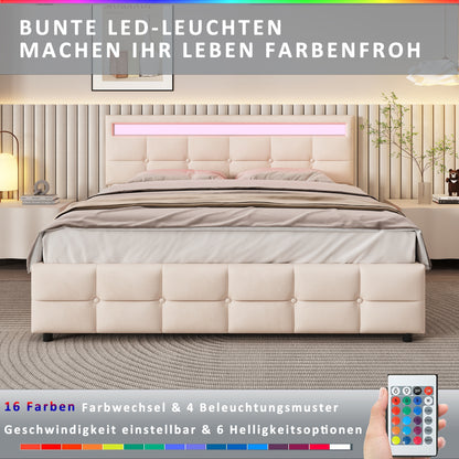 Polsterbett 180 x 200 cm, Doppelbett LED-Bettgestell mit 4 Schubladen , Lattenrost und Rückenlehne, Hautfreundliches Doppelbett aus Samtstoff für Erwachsene und Jugendliche, Beige